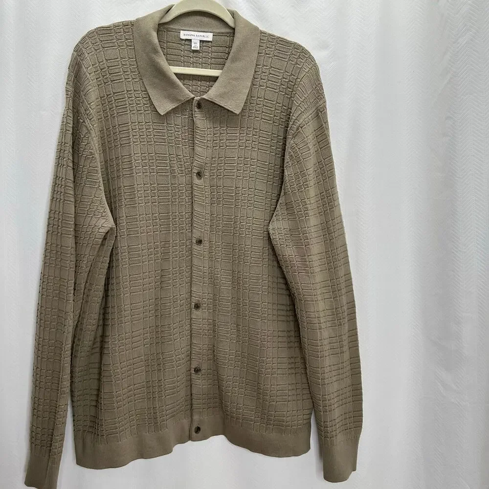 Banana Republic men’s cardigan tan button up plaid textured Fall ‘25 XXL Tall